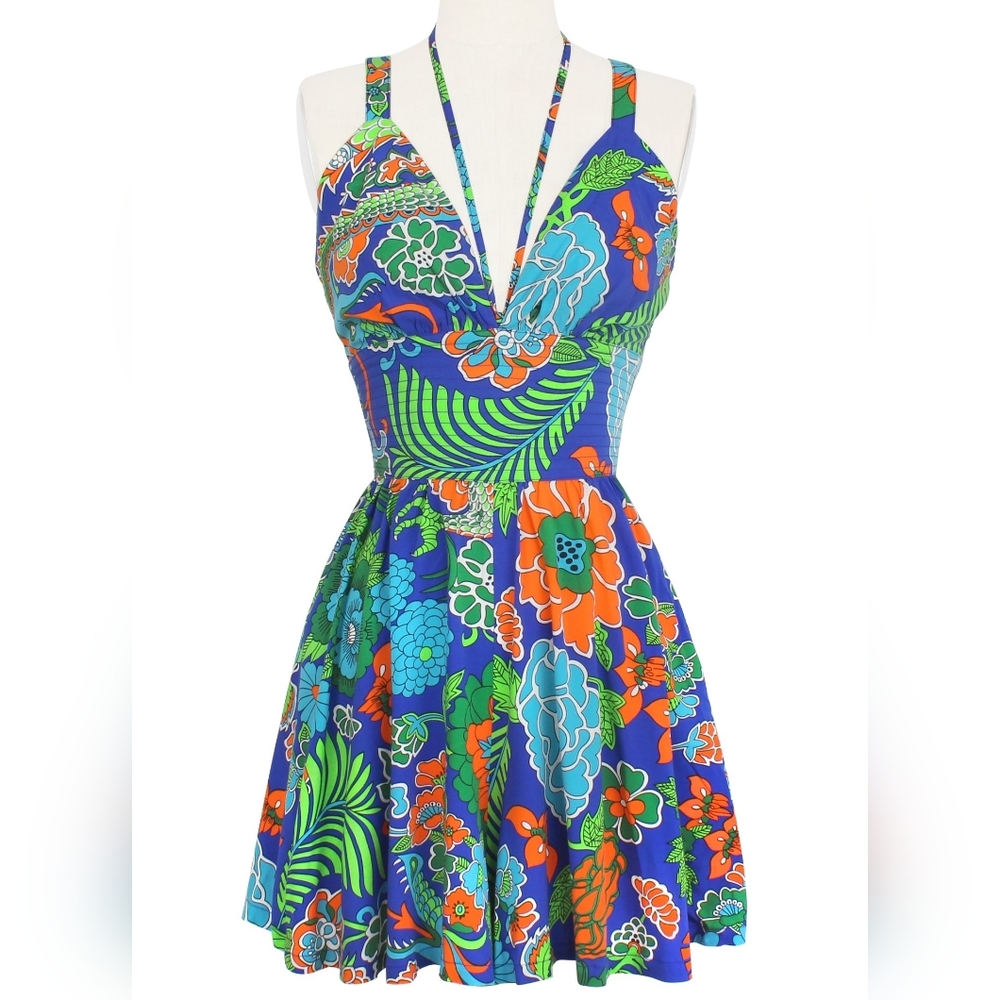 Trashy Diva Blue Floral Halter Romper with Green & Orange Print